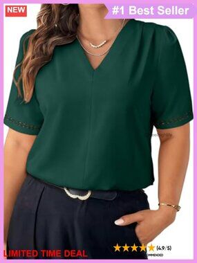 Plus Size Pleated V Neck Short Sleeve Chiffon Blouse Business Work Top